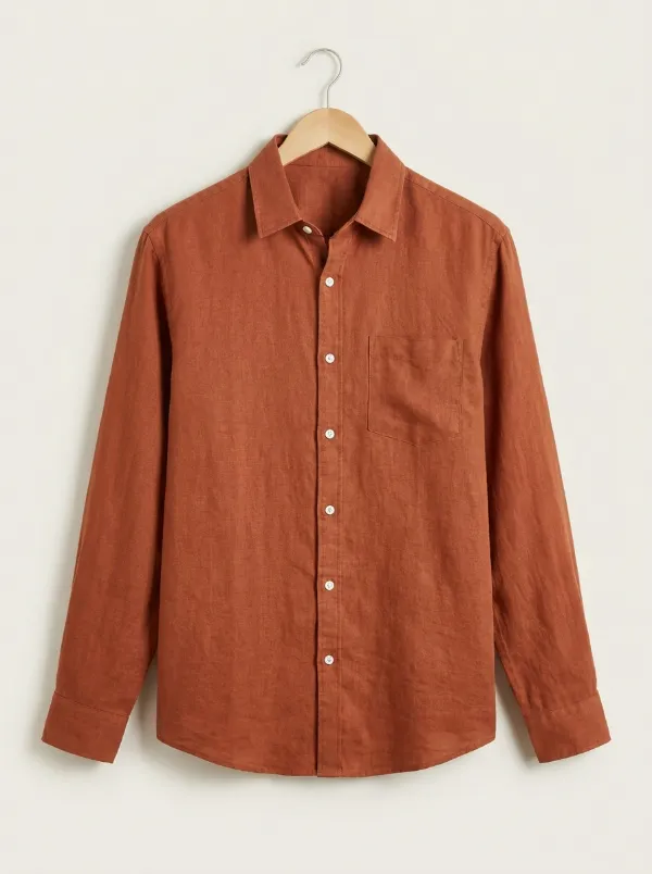 A rust linen shirt on a hanger, the uploaded garment photo