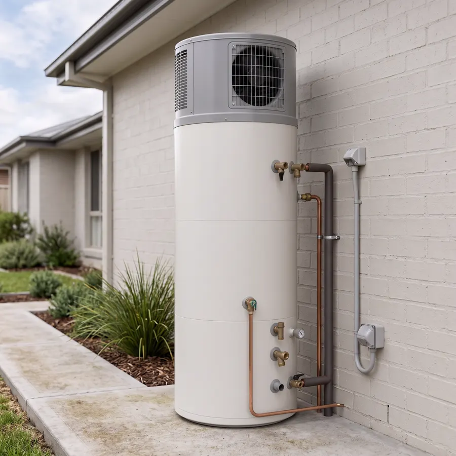 Heat pump hot water system 270 L in the Outdoor hot water install scene, made with AbrimaAI Catalog Studio