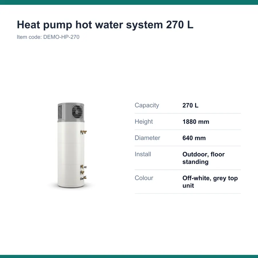 A square spec card for a 270 L heat pump hot water system with its photo and five specifications